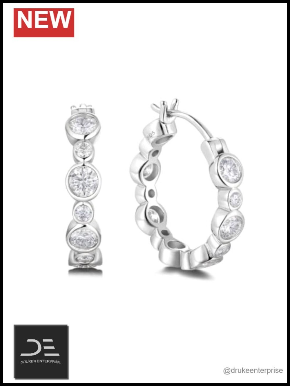 Moissanite Bezel Hoop Earrings for Women - 925 Sterling Silver, Rhodium Plated